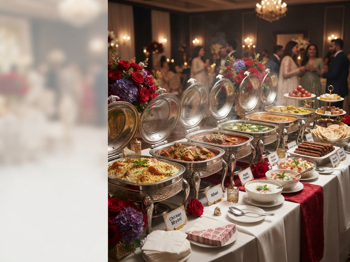 Deen Foods & Caterers catering setup with traditional Pakistani dishes
