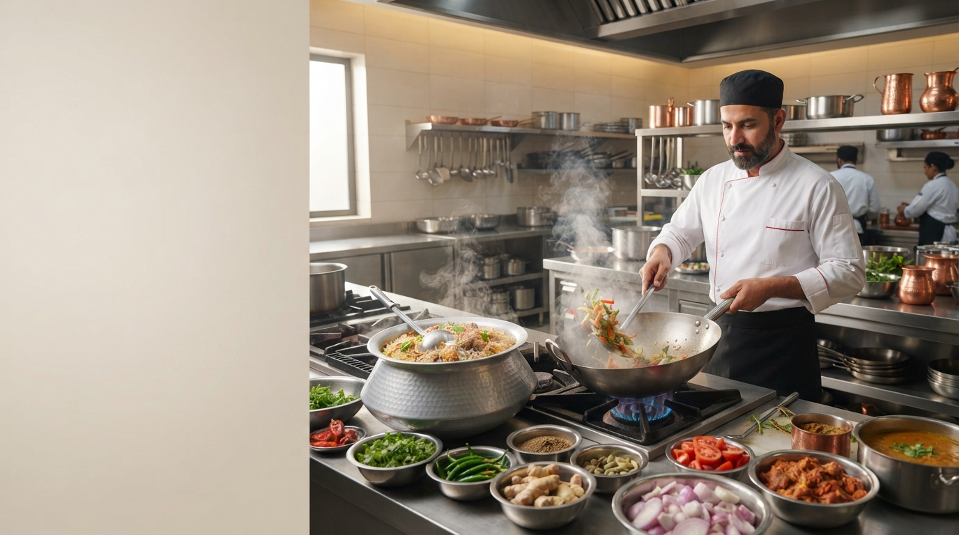 Chef preparing fresh food at a Deen Foods & Caterers live cooking station