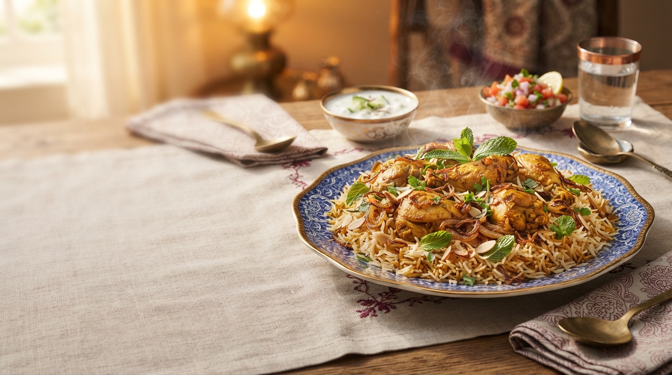 Deen Pulao signature dish with basmati rice and tender chicken